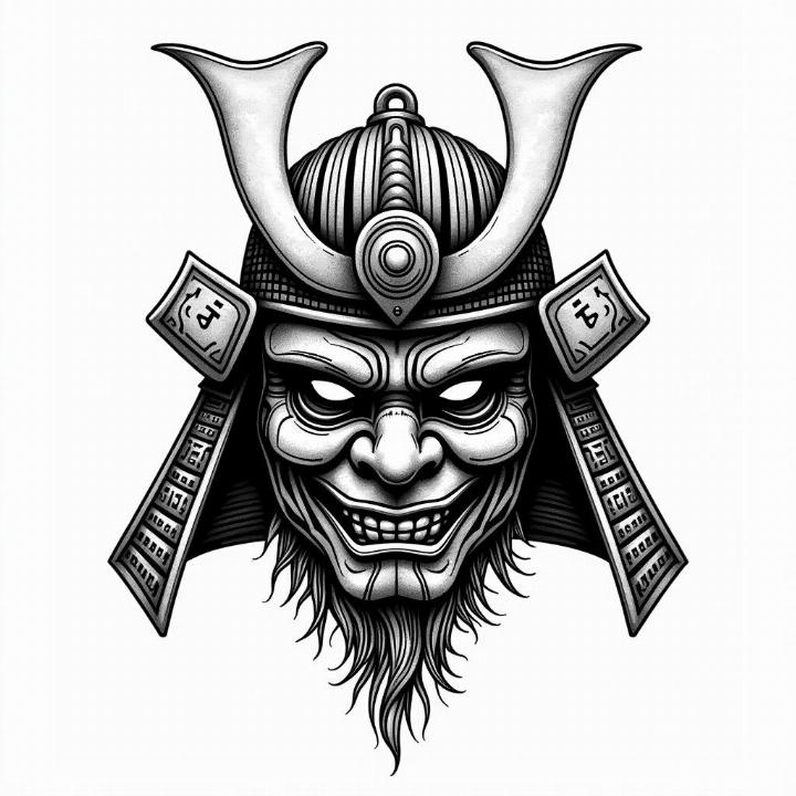 Hình xăm đầu samurai phong cách blackwork, chi tiết cao, chất lượng HD.