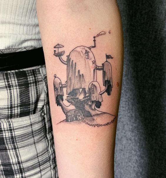mẫu tattoo độc lạ kiểu đen trắng ở tay Hình xăm nhà trên cánh tay, phong cách blackwork, chi tiết rõ nét, ảnh HD.