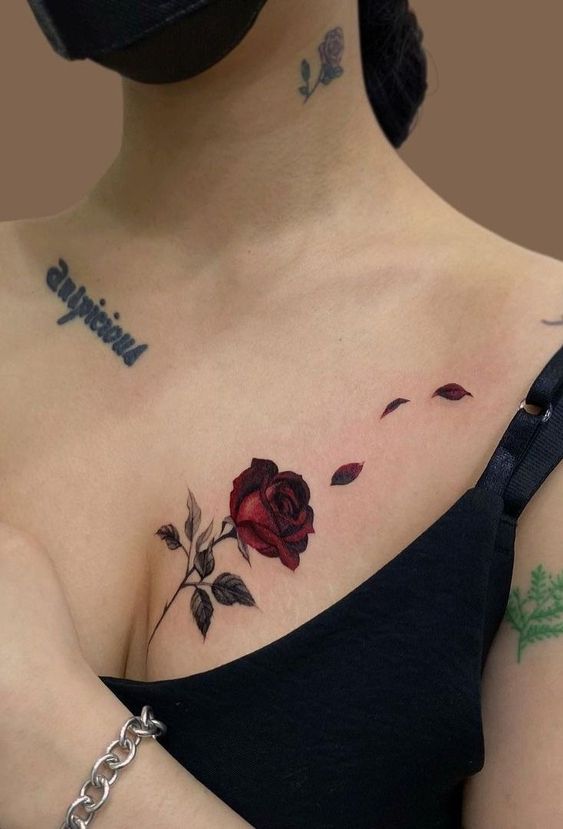 Tattoo hoa hồng đỏ cho phái nữ ở ngực Hình xăm hoa hồng trên ngực phong cách màu sắc, chi tiết sắc nét, ảnh độ phân giải cao.