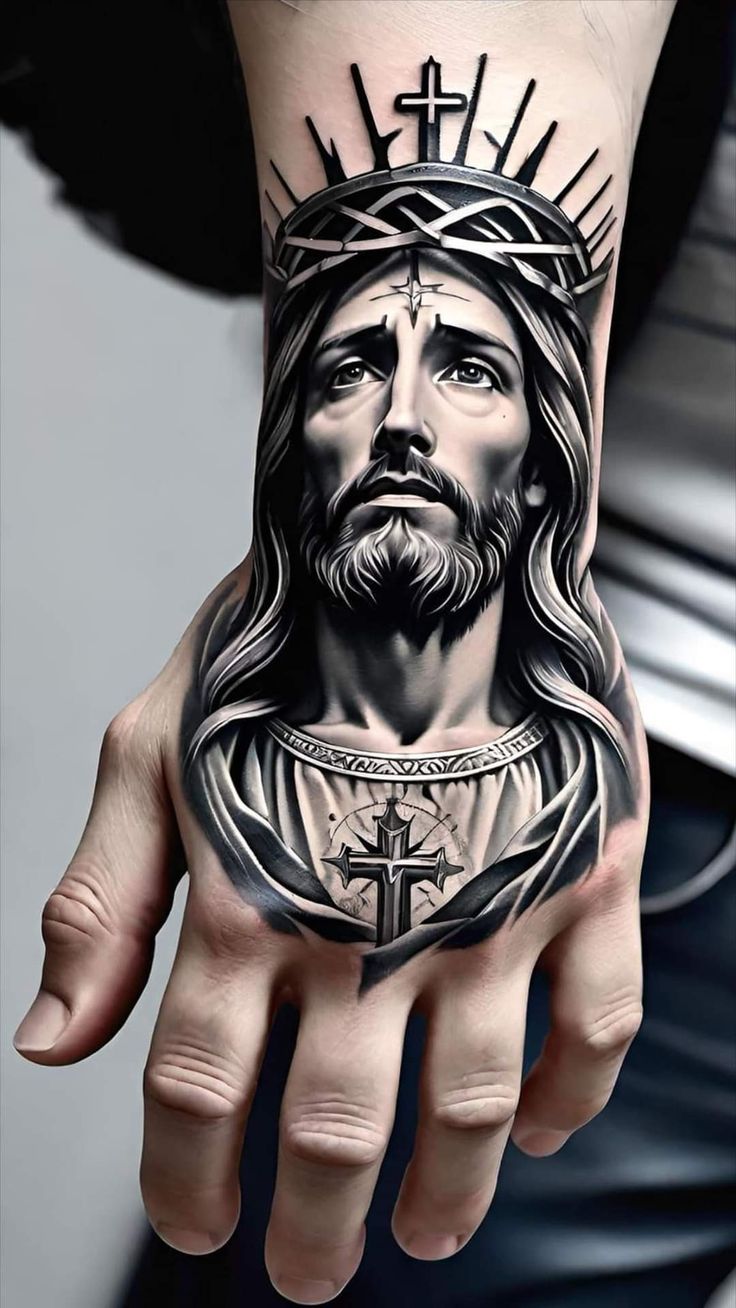 Hình xăm chân dung tôn giáo trên mu bàn tay, phong cách blackwork chi tiết, độ phân giải HD.