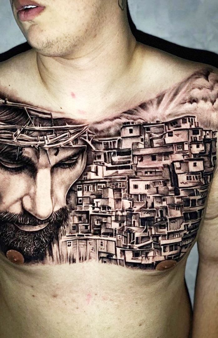 Hình xăm chân dung chi tiết trên ngực, phong cách blackwork, độ phân giải HD.