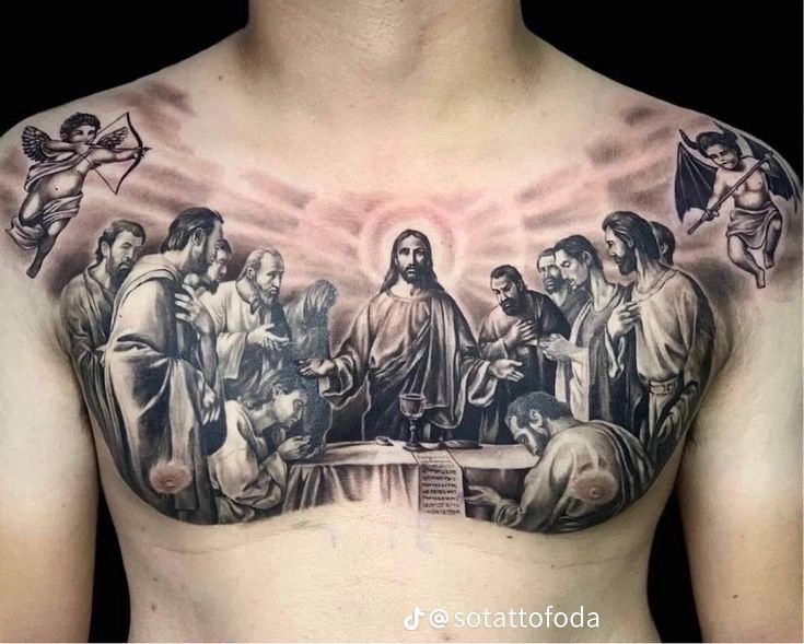 Hình xăm bữa tiệc ly trên ngực, phong cách blackwork chi tiết, độ phân giải cao.