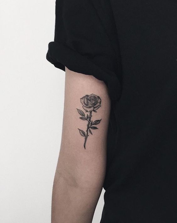 mẫu xăm đen trắng hình cành hoa hồng mini Hình xăm hoa hồng trên bắp tay, phong cách blackwork, chi tiết rõ nét, ảnh HD.