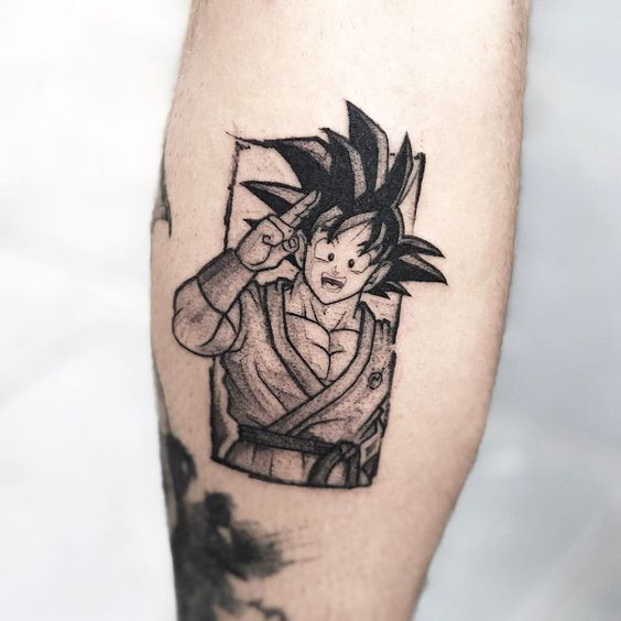 Hình xăm nhân vật anime trên tay, phong cách blackwork, chi tiết rõ nét, độ phân giải HD.