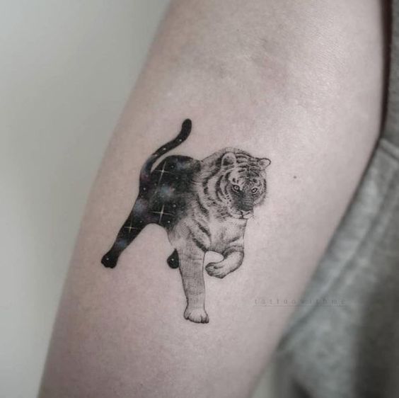 Hình xăm hổ phong cách blackwork trên tay, chi tiết tinh tế, ảnh HD.
