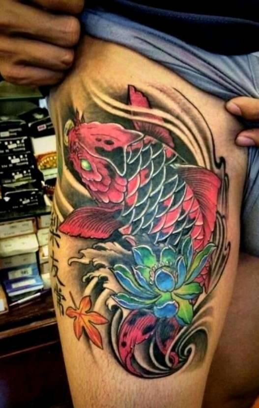 mẫu xăm hoa sen và cá chép mạnh mẽ Hình xăm cá chép màu sắc chi tiết trên đùi, phong cách truyền thống, độ phân giải HD.