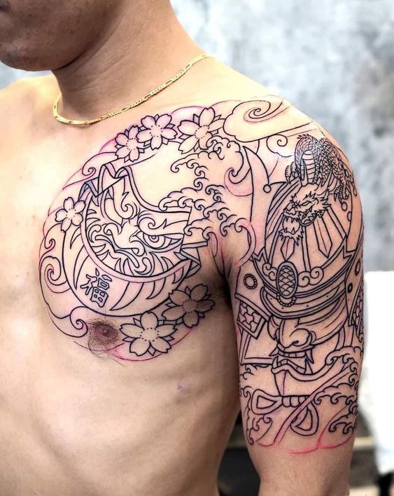 Mẫu xăm nét daruma ấn tượng cho khách hàng nam Hình xăm samurai trên vai, phong cách blackwork, chi tiết, độ phân giải cao HD.