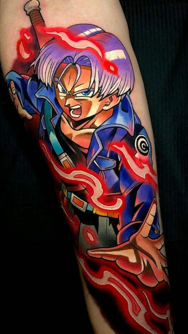 Hình xăm nhân vật anime trên tay, phong cách màu sắc sống động, chi tiết cao, độ phân giải HD.
