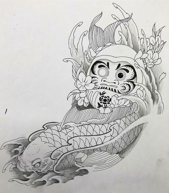 Hình xăm Daruma và cá chép phong cách blackwork, chi tiết tinh xảo, độ phân giải HD.