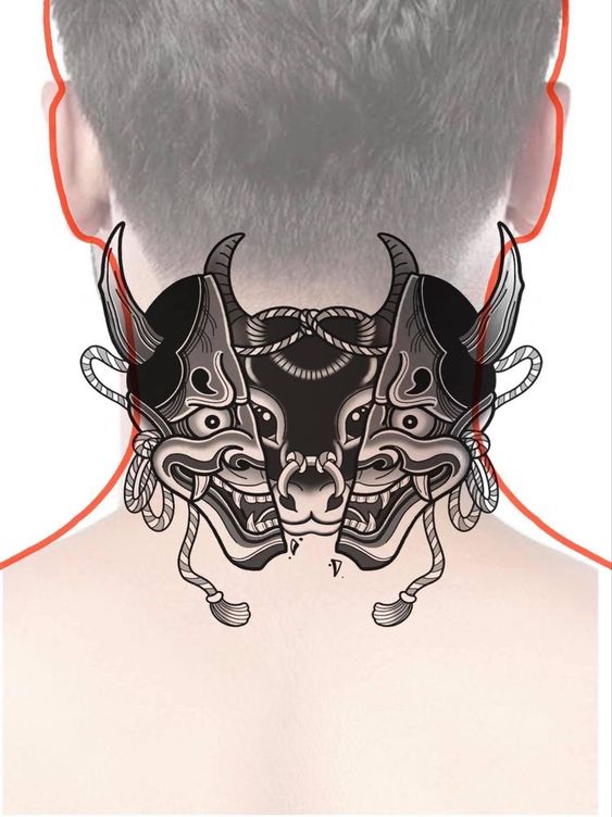 Hình xăm oni Nhật Bản, vị trí gáy, phong cách blackwork chi tiết, độ phân giải HD.
