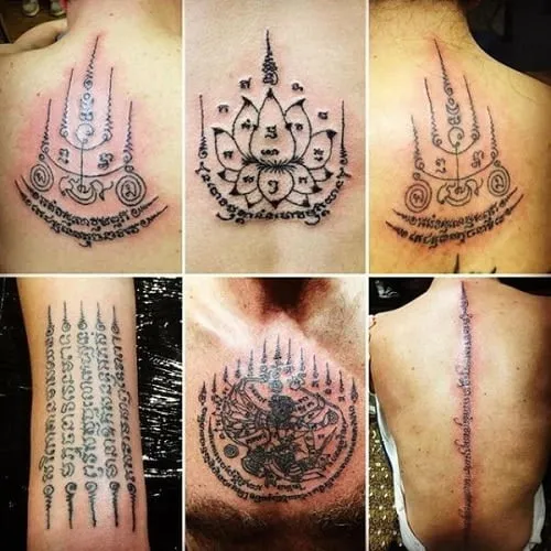 Hình xăm chữ Thái trên lưng và vai, phong cách blackwork, chi tiết, độ phân giải HD.