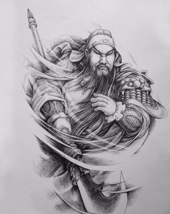 Phác thảo bút chì hình xăm Quan Vũ Hình xăm chiến binh cổ điển phong cách blackwork, chi tiết cao, hình xăm kích thước lớn, hình ảnh chất lượng HD.