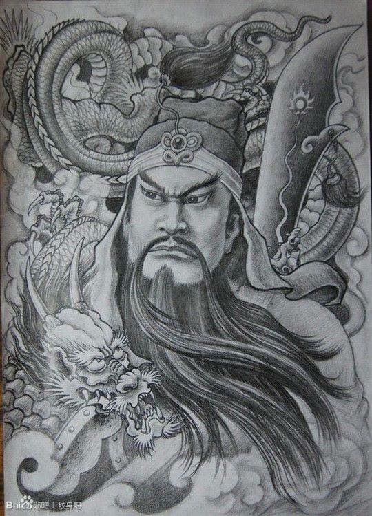 Phác họa hình xăm bán thân Quan Vũ và rồng Hình xăm chiến binh và rồng, phong cách blackwork, chi tiết, độ phân giải HD.