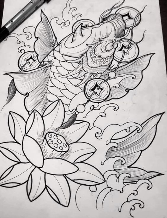 Hình xăm cá chép và hoa sen phong cách blackwork, chi tiết, độ phân giải HD.