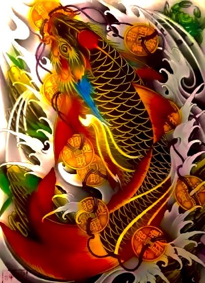 Hình xăm cá chép rồng màu sắc sặc sỡ, phong cách cổ điển, độ chi tiết cao, độ phân giải HD.