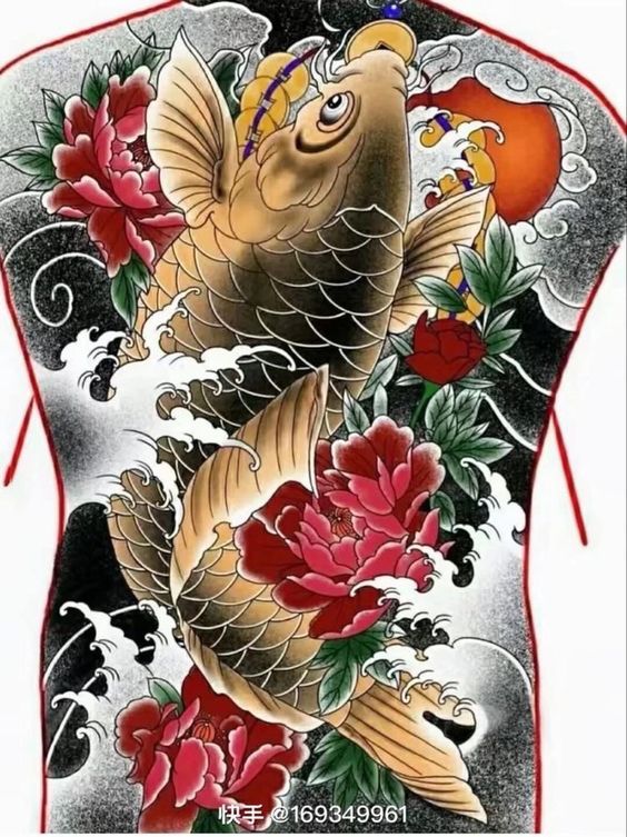 Hình xăm cá chép và hoa mẫu đơn kín lưng phong cách cổ điển, chi tiết sắc nét, độ phân giải HD.