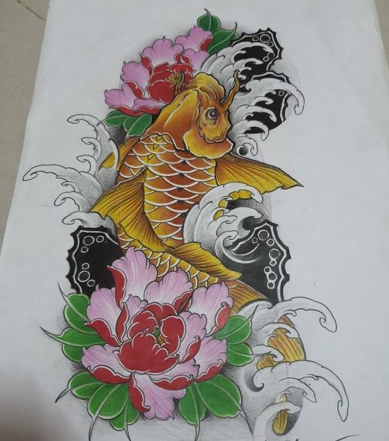 Phác họa hình xăm cá chép vàng kết hợp hoa mẫu đơn hồng Hình xăm cá chép và hoa mẫu đơn, phong cách màu nước, chi tiết rõ nét, độ phân giải HD.