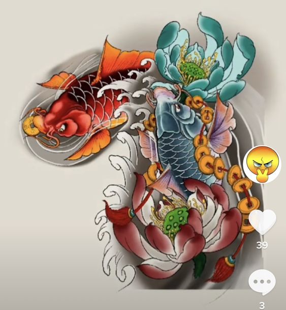 Hình xăm cá chép và hoa sen phong cách cổ điển, chi tiết, độ phân giải cao, phù hợp cho vai và cánh tay.