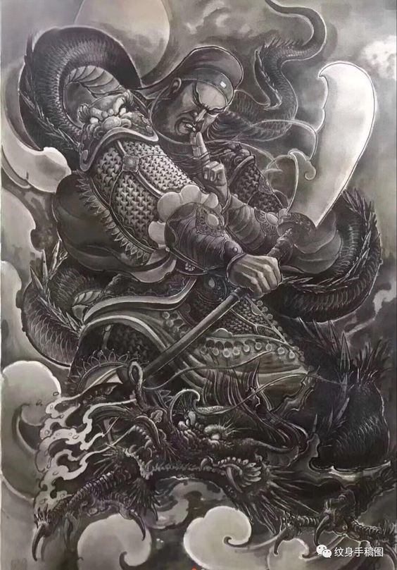 Hình xăm Quan Vũ tuyệt đẹp Hình xăm chiến binh và rồng, phong cách blackwork chi tiết, độ phân giải HD.