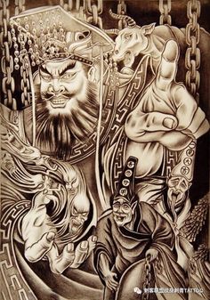 Hình xăm cổ điển, chủ đề thần thoại, phong cách blackwork, chi tiết cao, độ phân giải HD, vị trí lưng.