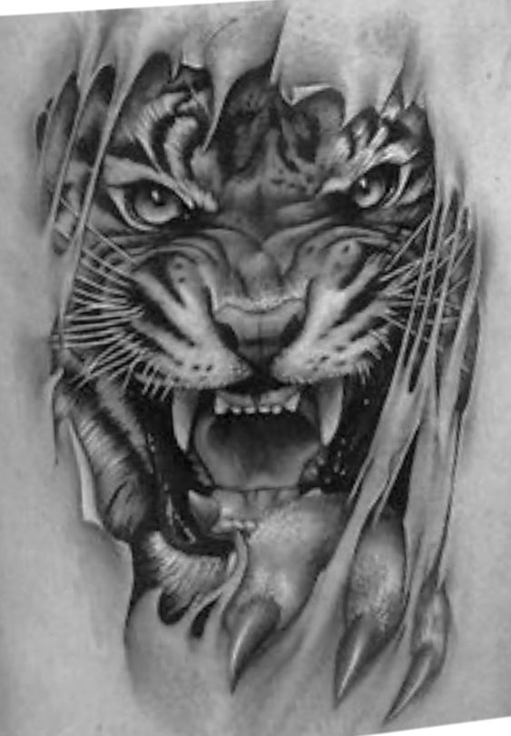 Hình xăm hổ 3D trên lưng, phong cách blackwork, chi tiết sắc nét, độ phân giải HD.