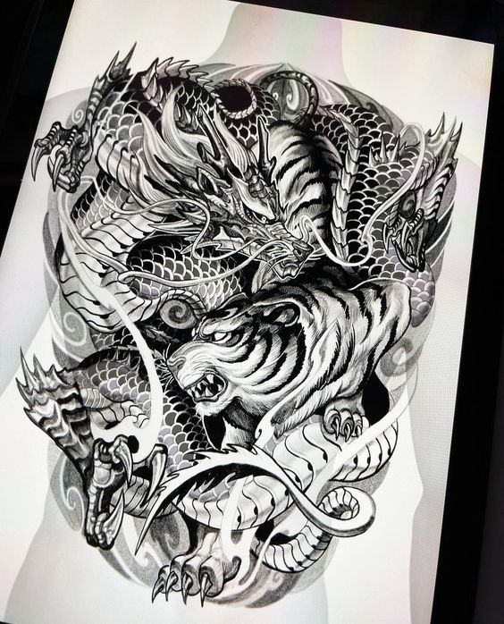phác họa hình xăm hổ và rồng đơn nét Hình xăm rồng và hổ trên lưng, phong cách blackwork chi tiết, độ phân giải HD.