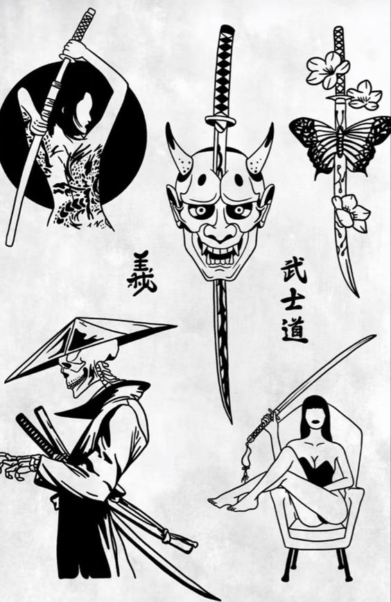 Hình xăm samurai, mặt nạ Oni, hoa, bướm, phong cách blackwork, độ chi tiết cao, ảnh HD.