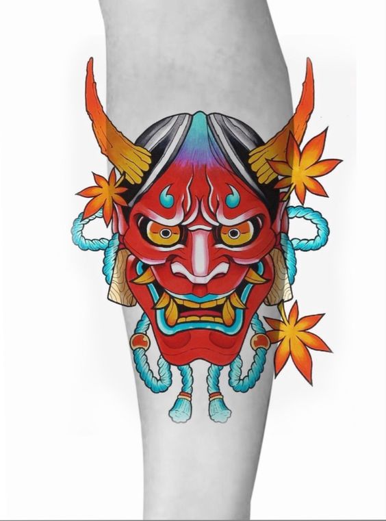 Hình xăm mặt nạ Oni Nhật Bản trên tay, phong cách màu sắc tươi sáng, chi tiết rõ nét, độ phân giải HD.