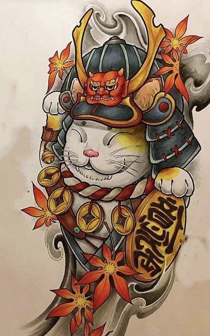 Phác họa hình xăm mèo samurai Hình xăm mèo samurai, phong cách màu nước, chi tiết sống động, độ phân giải HD.
