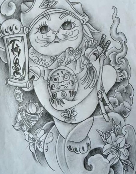 Hình xăm mèo thần tài, phong cách blackwork, chi tiết cao, chất lượng HD.