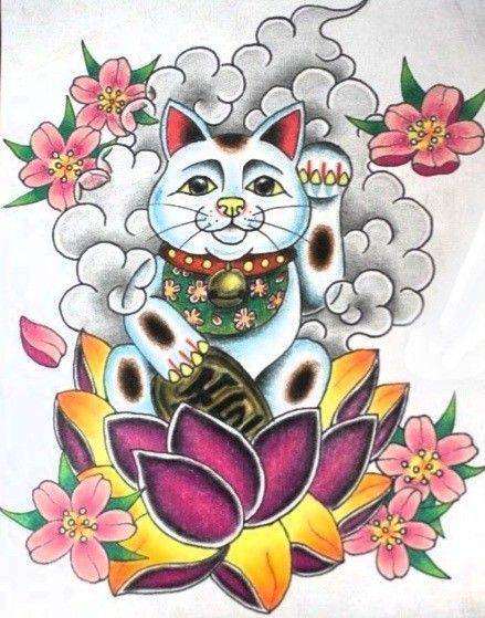 Hình xăm mèo may mắn phong cách cổ điển, màu sắc rực rỡ, độ chi tiết cao, hình ảnh độ phân giải HD.