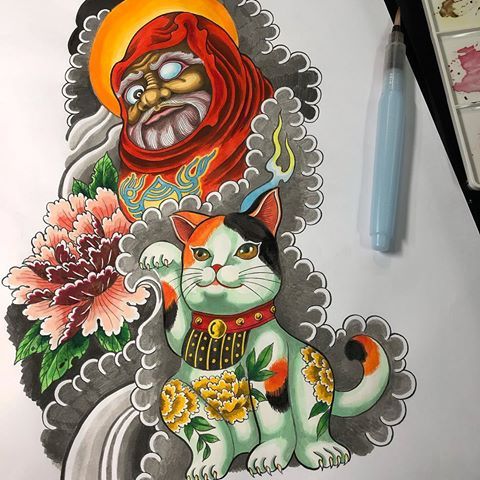 Hình xăm mèo may mắn và hoa mẫu đơn, phong cách cổ điển, nhiều màu sắc, chi tiết sắc nét, độ phân giải HD.