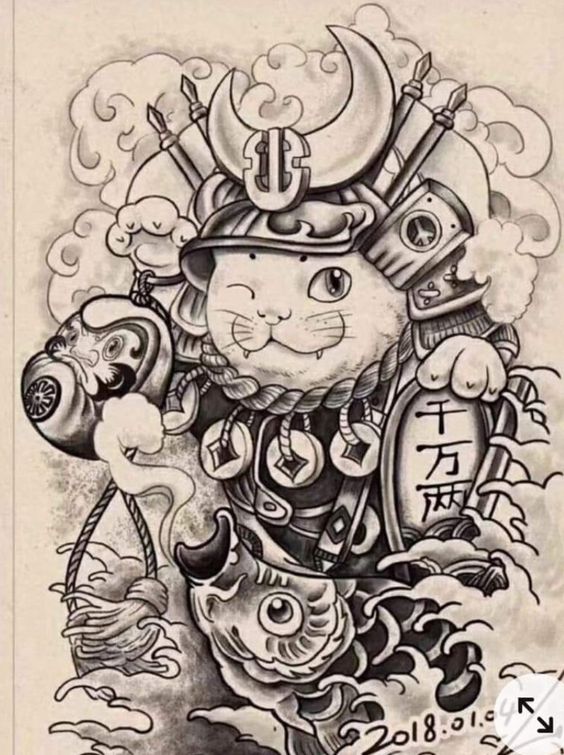 Hình xăm mèo samurai phong cách cổ điển, chi tiết cao, độ phân giải HD, hình xăm nghệ thuật đen trắng.
