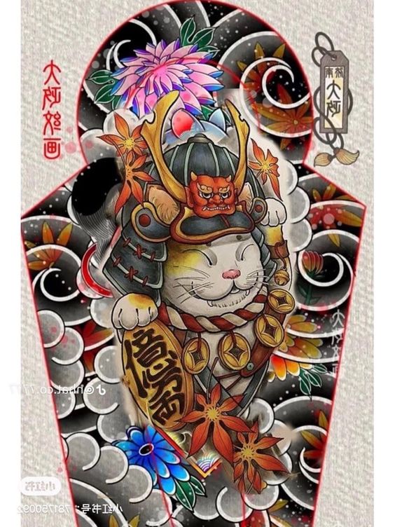 Hình xăm mèo samurai phong cách Nhật Bản, chi tiết, màu sắc nổi bật, độ phân giải HD.