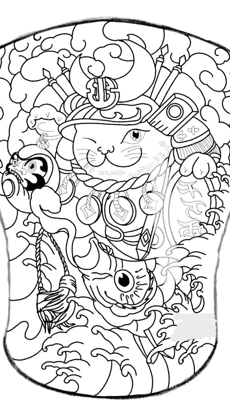 Hình xăm mèo thần tài phong cách blackwork, chi tiết, vị trí lưng, độ phân giải HD.
