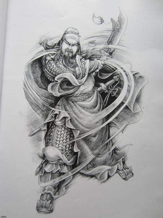 Hình xăm Quan Vũ phác thảo bằng bút chì Hình xăm chiến binh cổ điển, phong cách blackwork chi tiết, độ phân giải HD.