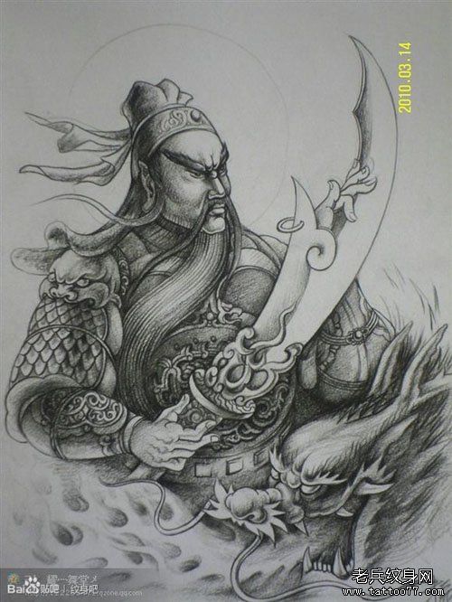 Phác họa hình xăm Quan Vũ cầm đại đao đơn sắc Hình xăm chiến binh cổ điển, chi tiết cao, phong cách blackwork, độ phân giải HD.
