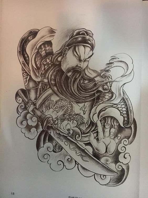 Phác họa hình xăm Quan Vũ cầm đao Hình xăm chiến binh phong cách blackwork, chi tiết cao, độ phân giải HD, trên giấy trắng.