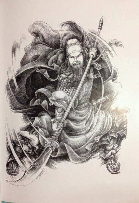 Hình xăm Quan Vũ trong chiến trận Hình xăm chiến binh phong cách blackwork chi tiết, độ phân giải HD.