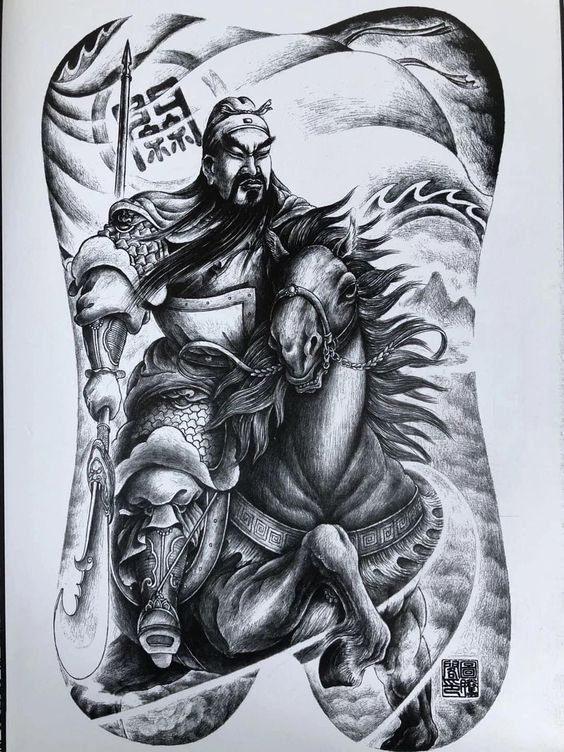Hình xăm đen trắng Quan Vũ cưỡi ngựa Hình xăm chiến binh cưỡi ngựa, phong cách blackwork chi tiết, độ phân giải HD.