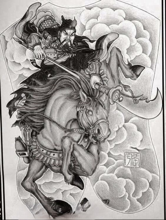 Quan Vũ cưỡi ngựa Hình xăm chiến binh cưỡi ngựa, phong cách blackwork, chi tiết cao, độ phân giải HD.
