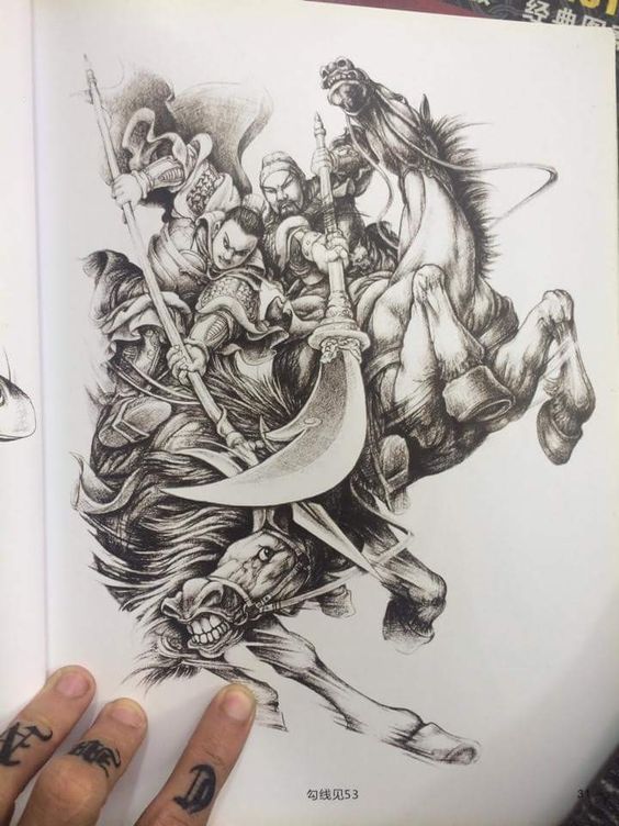 Phác họa hình xăm Quan Vũ đang chiến đấu Hình xăm chiến binh cưỡi ngựa, phong cách blackwork chi tiết, độ phân giải cao.