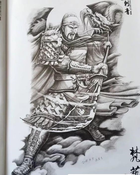 Hình xăm đen trắng của Quan Vũ Hình xăm chiến binh và rồng, phong cách blackwork chi tiết, độ phân giải HD.