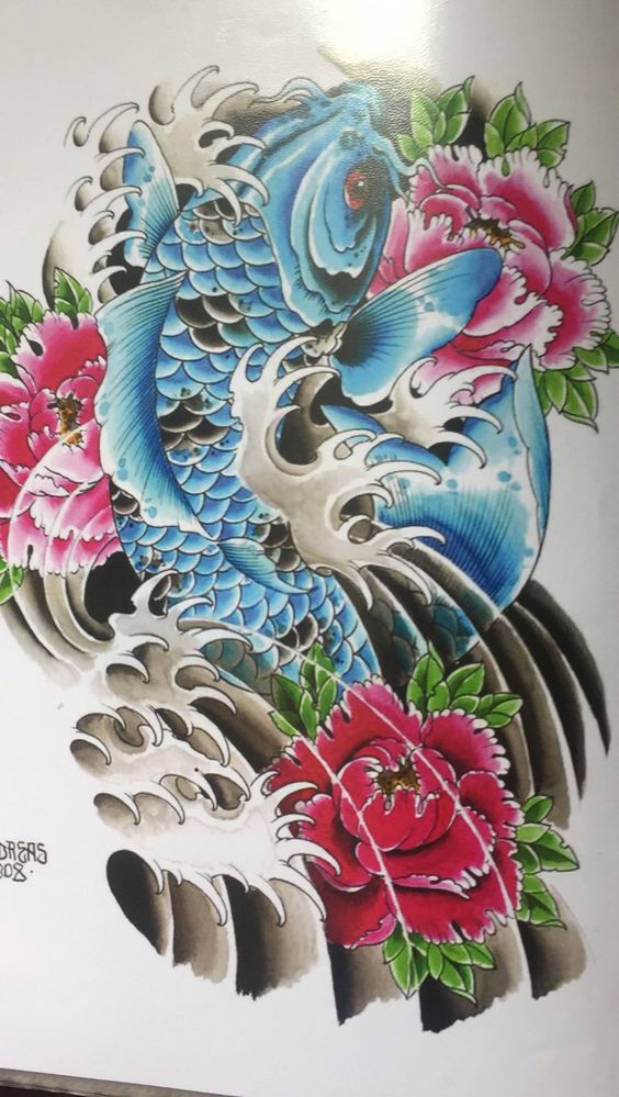 Phác thảo tattoo cá chép xanh kết hợp với hoa mẫu đơn độc đáo Hình xăm cá chép và hoa mẫu đơn, phong cách màu sắc Nhật Bản, chi tiết rõ nét, độ phân giải 1080x1920.