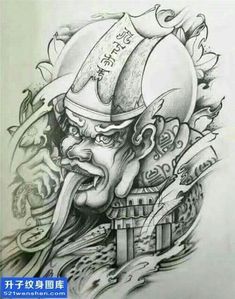 Hình xăm oni phong cách blackwork, chi tiết cao, trên cánh tay, độ phân giải HD.