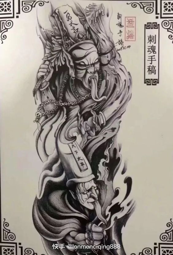 Hình xăm oni cổ điển; chi tiết và nghệ thuật; phong cách blackwork; kích thước HD.