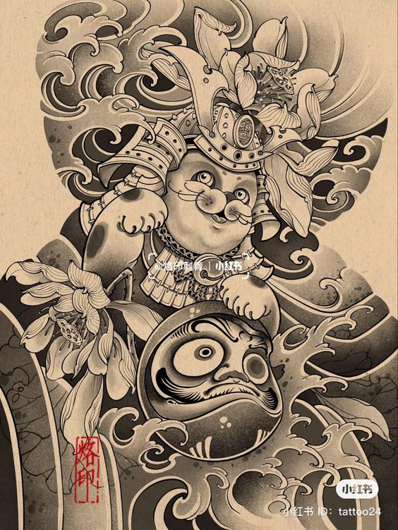 Hình xăm nghệ thuật Nhật Bản cổ điển, chi tiết cao, phong cách blackwork, ảnh độ phân giải cao.