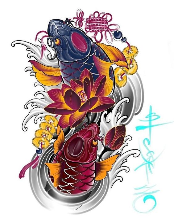 Hình xăm cá chép và hoa sen, phong cách màu sắc rực rỡ, chi tiết cao, độ phân giải HD.