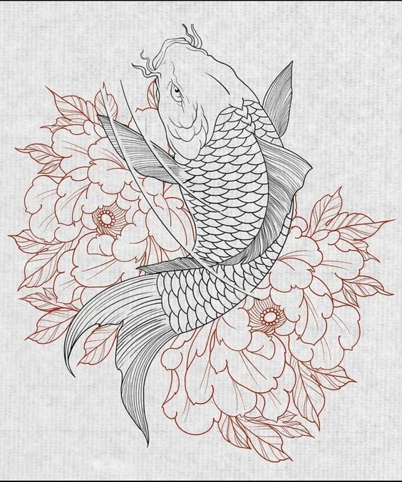Thiết kế hình xăm cá chép và hoa mẫu đơn Hình xăm cá chép và hoa, phong cách blackwork chi tiết, độ phân giải HD, phù hợp cho lưng hoặc cánh tay.