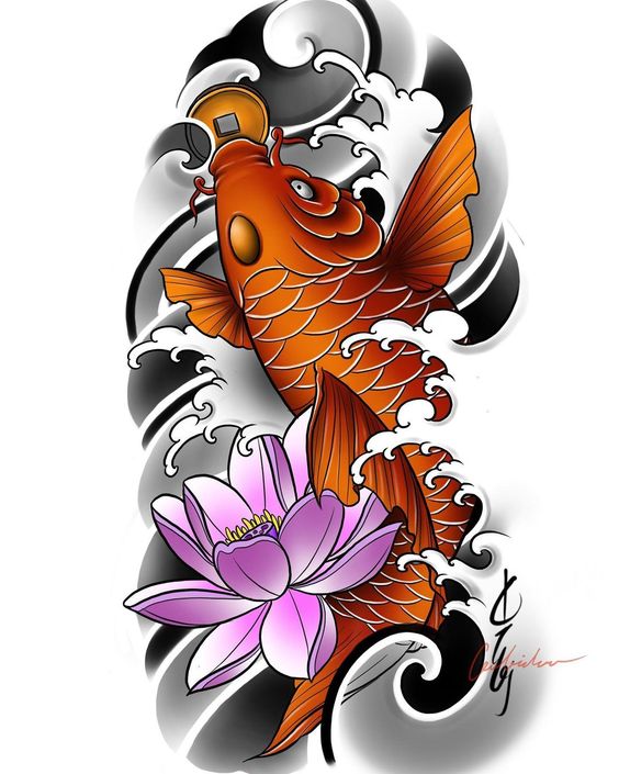 Hình xăm cá chép và hoa sen phong cách cổ điển, chi tiết, độ phân giải HD.